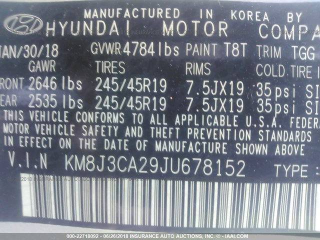 KM8J3CA29JU678152 - 2018 HYUNDAI TUCSON LIMITED/SPORT AND ECO/SE SILVER photo 9