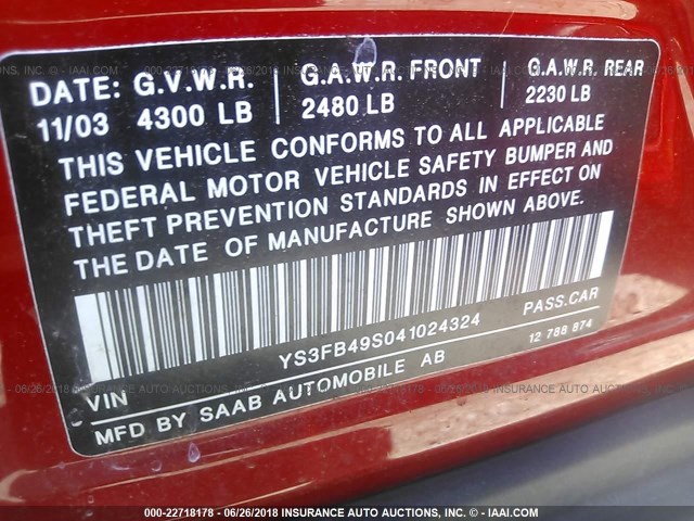 YS3FB49S041024324 - 2004 SAAB 9-3 LINEAR RED photo 9