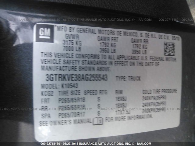 3GTRKVE38AG255543 - 2010 GMC SIERRA K1500 SLE GRAY photo 9