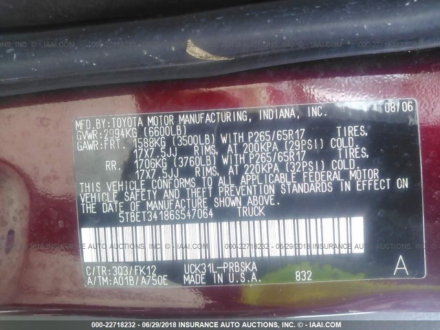 5TBET34186S547064 - 2006 TOYOTA TUNDRA DOUBLE CAB SR5 BURGUNDY photo 9