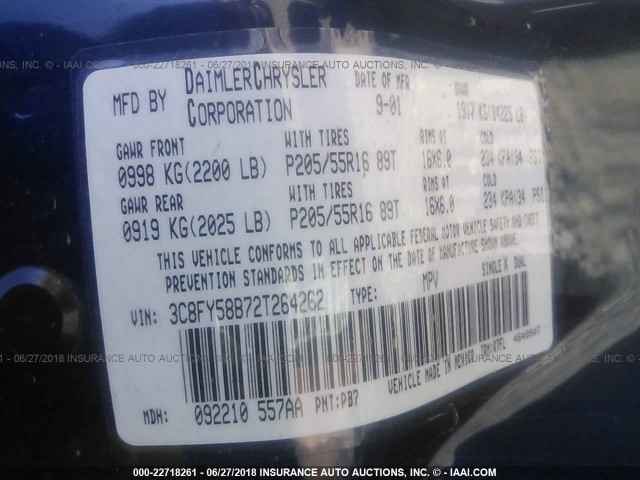 3C8FY58B72T264262 - 2002 CHRYSLER PT CRUISER TOURING BLUE photo 9