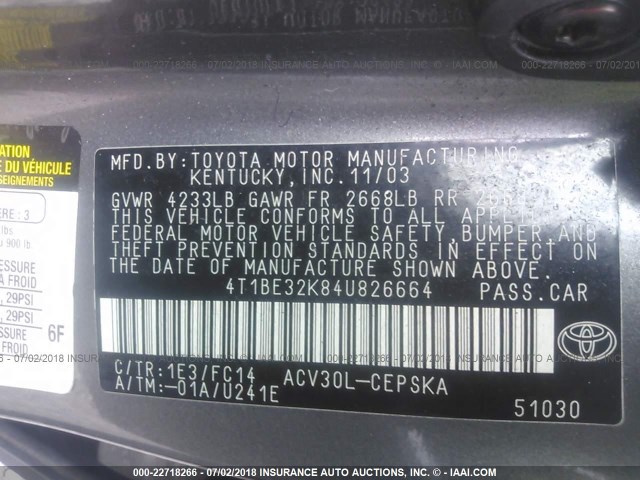 4T1BE32K84U826664 - 2004 TOYOTA CAMRY LE/XLE/SE Сұр фото 9