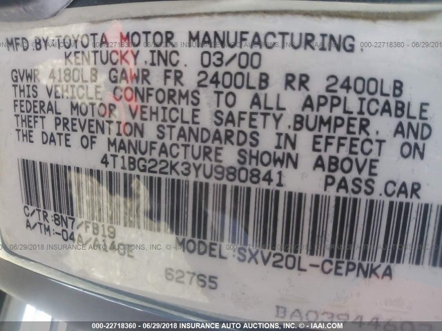 4T1BG22K3YU980841 - 2000 TOYOTA CAMRY CE/LE/XLE 浅蓝色 照片 9