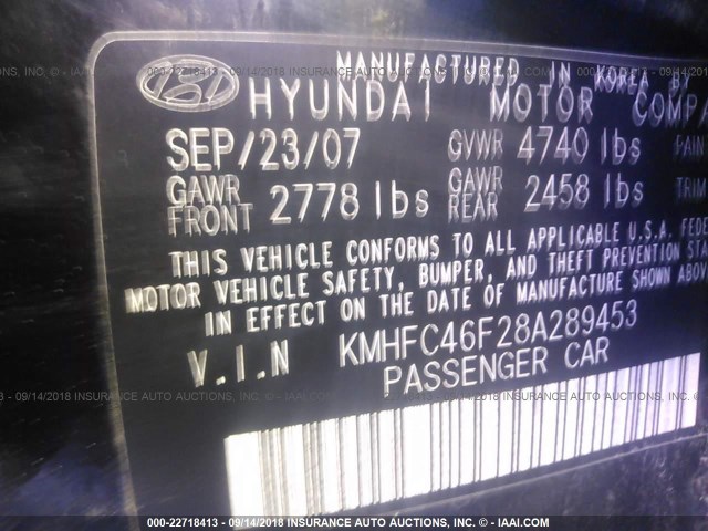 KMHFC46F28A289453 - 2008 HYUNDAI AZERA SE/LIMITED BLACK photo 9