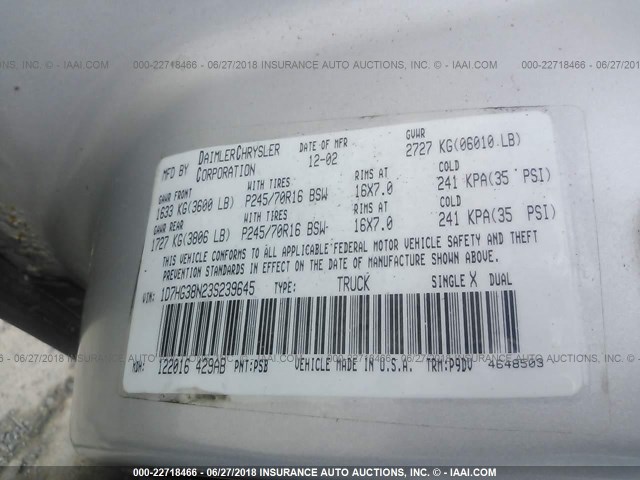 1D7HG38N23S239645 - 2003 DODGE DAKOTA QUAD SPORT SILVER photo 9