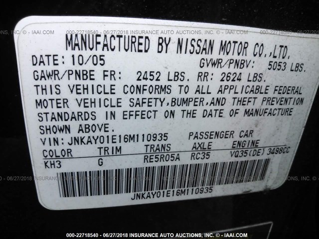 JNKAY01E16M110935 - 2006 INFINITI M35 SPORT BLACK photo 9