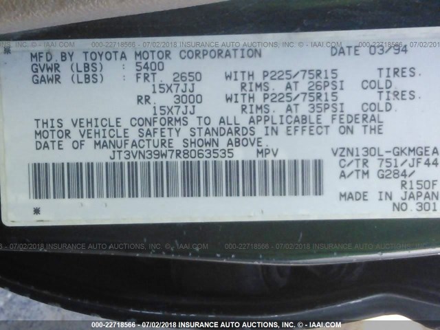 JT3VN39W7R8063535 - 1994 TOYOTA 4RUNNER VN39 SR5 绿色 照片 9