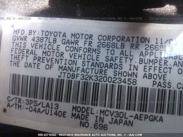 JTDBF32K320023458 - 2002 TOYOTA CAMRY LE/XLE/SE Qəhvəyi foto 9