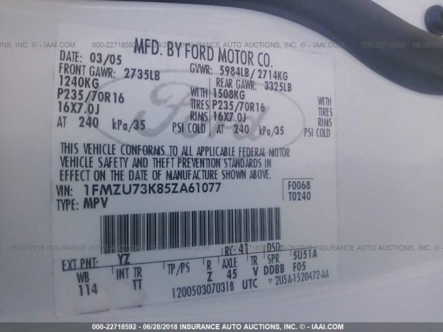 1FMZU73K85ZA61077 - 2005 FORD EXPLORER XLT/XLT SPORT/NBX 白色 照片 9