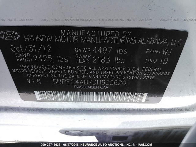 5NPEC4AB7DH635620 - 2013 HYUNDAI SONATA SE/LIMITED WHITE photo 9