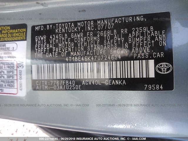 4T1BE46K47U724654 - 2007 TOYOTA CAMRY NEW GENERAT CE/LE/XLE/SE GREEN photo 9