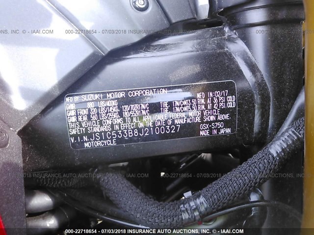 JS1C533B8J2100327 - 2018 SUZUKI GSX-S750 RED photo 10