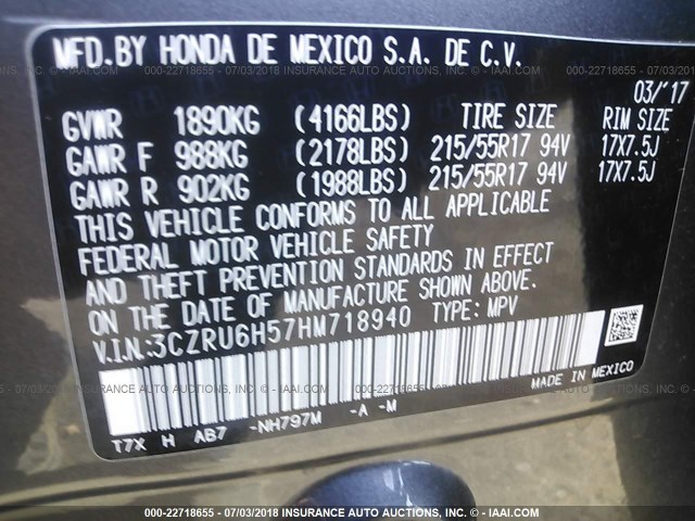 3CZRU6H57HM718940 - 2017 HONDA HR-V EX BLACK photo 9