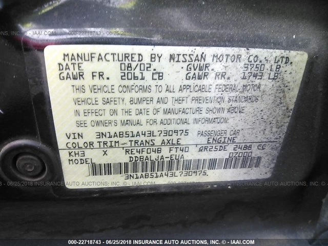 3N1AB51A43L730975 - 2003 NISSAN SENTRA SE-R LIMITED BLACK photo 9