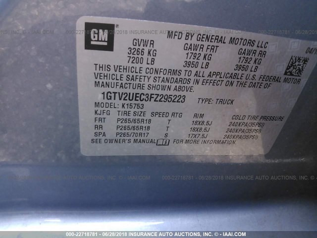 1GTV2UEC3FZ295223 - 2015 GMC SIERRA K1500 SLE Light Blue photo 9