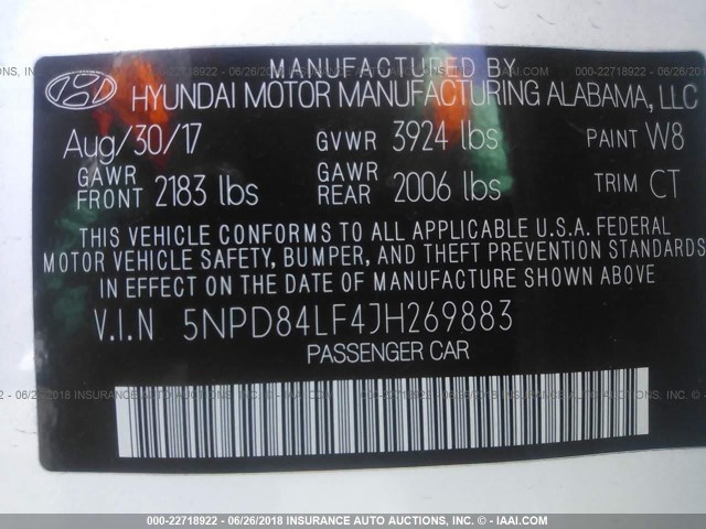 5NPD84LF4JH269883 - 2018 HYUNDAI ELANTRA SEL/VALUE/LIMITED WHITE photo 9