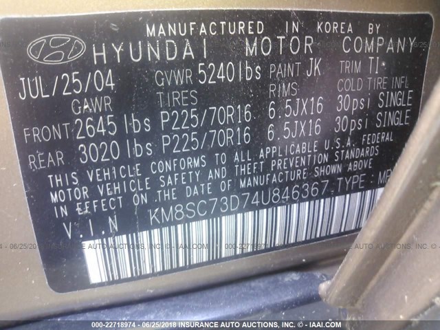 KM8SC73D74U846367 - 2004 HYUNDAI SANTA FE GLS/LX GOLD photo 9