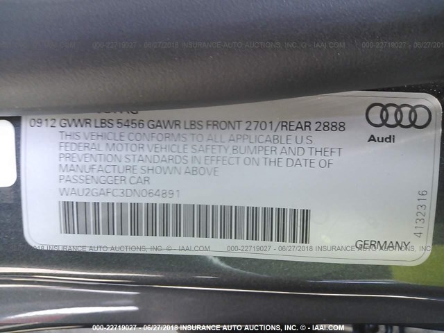 WAU2GAFC3DN064891 - 2013 AUDI A7 PRESTIGE GRAY photo 9