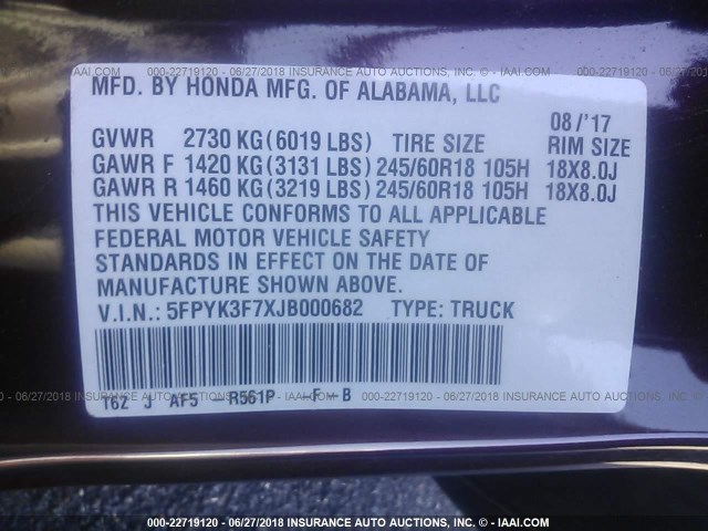 5FPYK3F7XJB000682 - 2018 HONDA RIDGELINE RTL MAROON photo 9