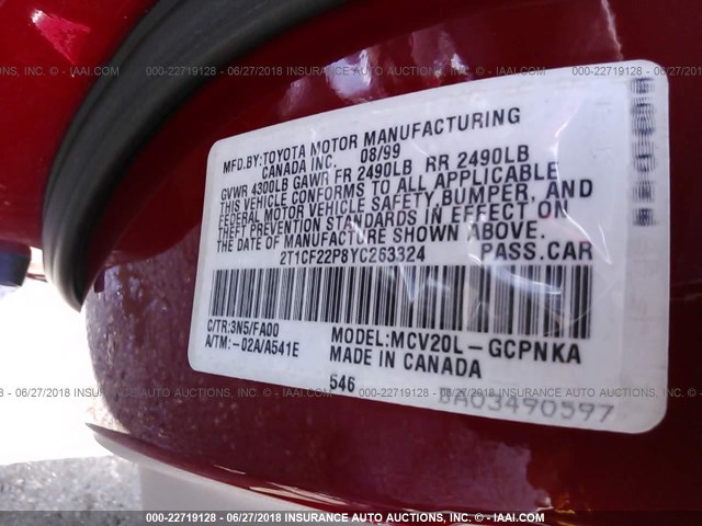 2T1CF22P8YC263324 - 2000 TOYOTA CAMRY SOLARA SE/SLE RED photo 9