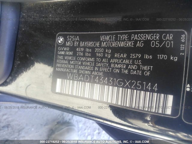 WBADT43431GX25144 - 2001 BMW 525 I AUTOMATIC BLACK photo 9