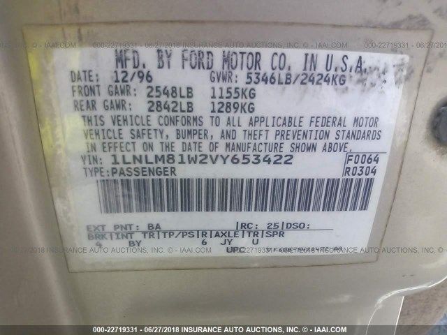 1LNLM81W2VY653422 - 1997 LINCOLN TOWN CAR EXECUTIVE GOLD photo 9