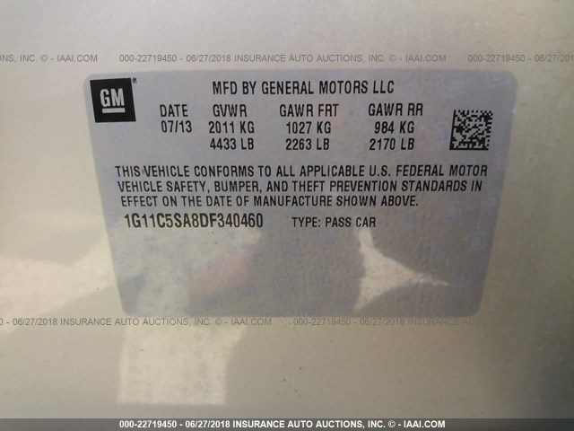 1G11C5SA8DF340460 - 2013 CHEVROLET MALIBU 1LT 棕色 照片 9