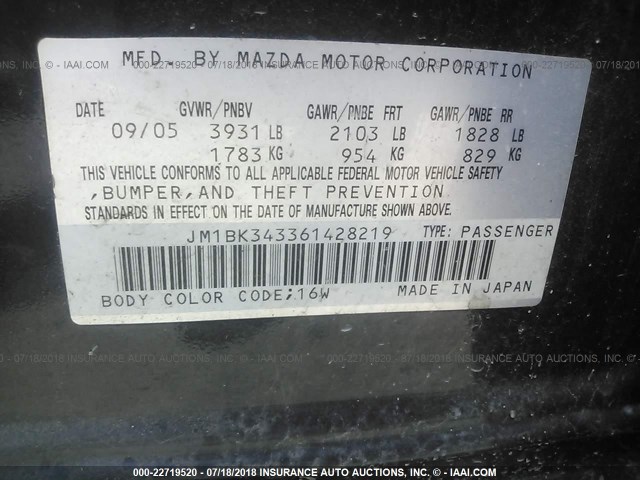 JM1BK343361428219 - 2006 MAZDA 3 HATCHBACK BLACK photo 9