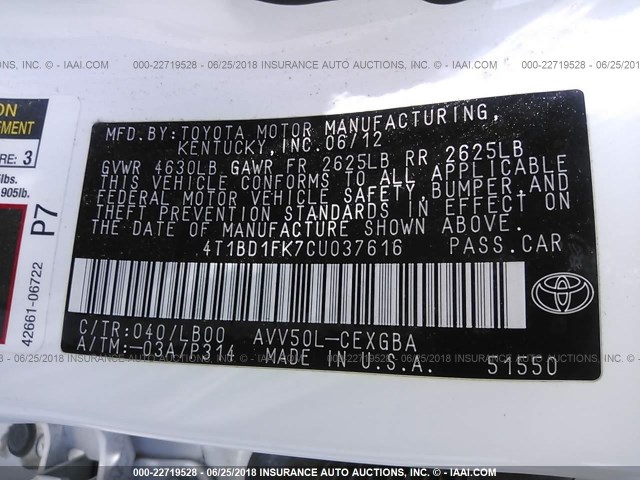 4T1BD1FK7CU037616 - 2012 TOYOTA CAMRY HYBRID/LE/XLE 白色 照片 9