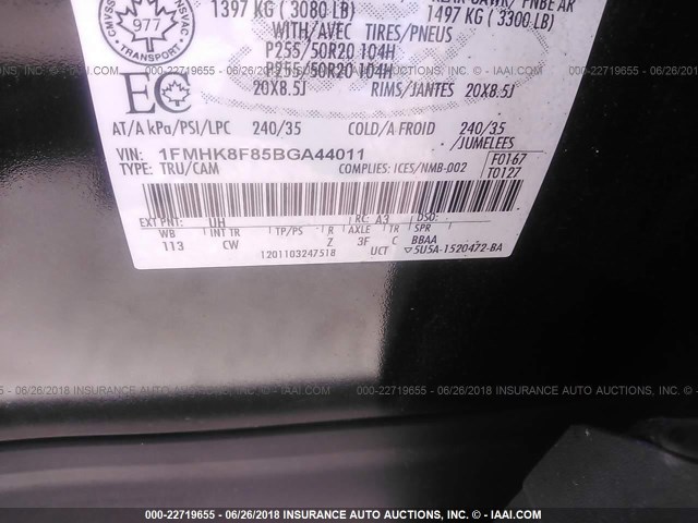 1FMHK8F85BGA44011 - 2011 FORD EXPLORER LIMITED 黑色 照片 9