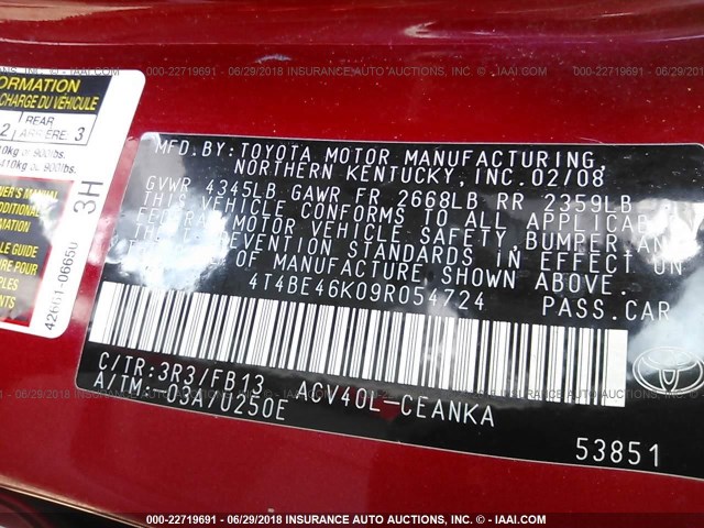 4T4BE46K09R054724 - 2009 TOYOTA CAMRY SE/LE/XLE წითელი ფოტო 9