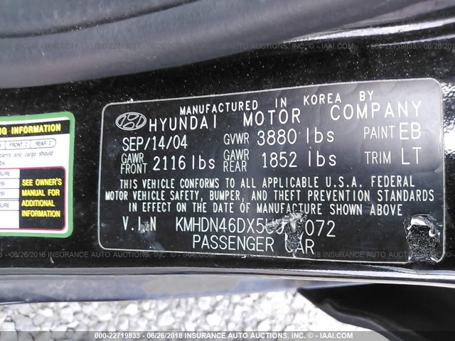 KMHDN46DX5U986072 - 2005 HYUNDAI ELANTRA GLS/GT BLACK photo 9