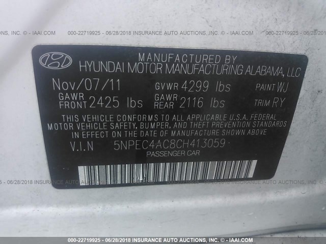 5NPEC4AC8CH413059 - 2012 HYUNDAI SONATA SE/LIMITED WHITE photo 9