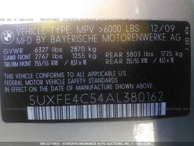 5UXFE4C54AL380162 - 2010 BMW X5 XDRIVE30I 棕色 照片 9