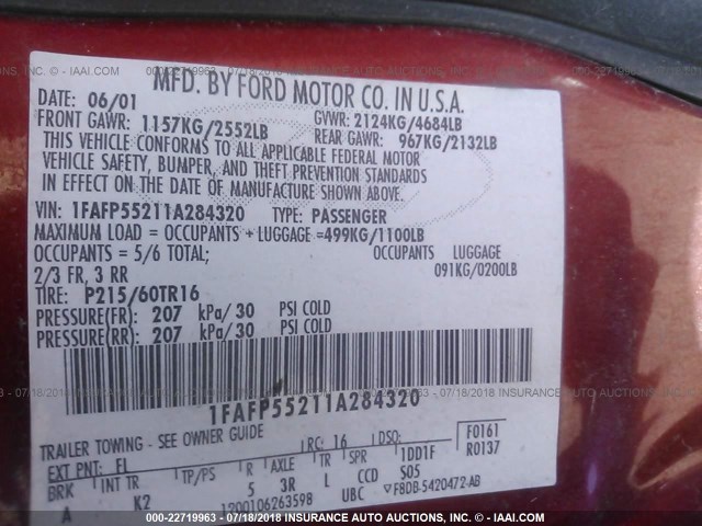 1FAFP55211A284320 - 2001 FORD TAURUS SES RED photo 9