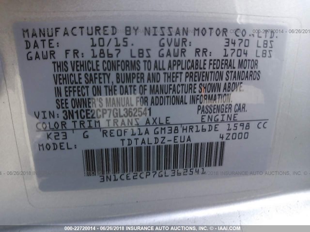 3N1CE2CP7GL362541 - 2016 NISSAN VERSA NOTE S/S PLUS/SV/SL/SR SILVER photo 9