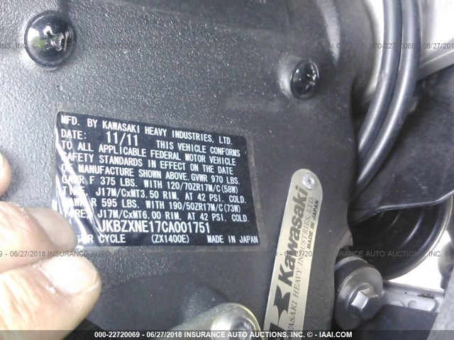 JKBZXNE17CA001751 - 2012 KAWASAKI ZX1400 EC BLACK photo 10