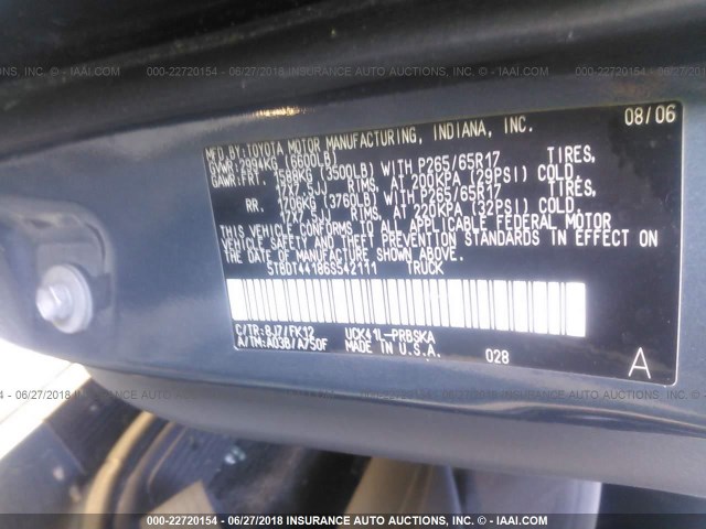 5TBDT44186S542111 - 2006 TOYOTA TUNDRA DOUBLE CAB SR5 BLUE photo 9