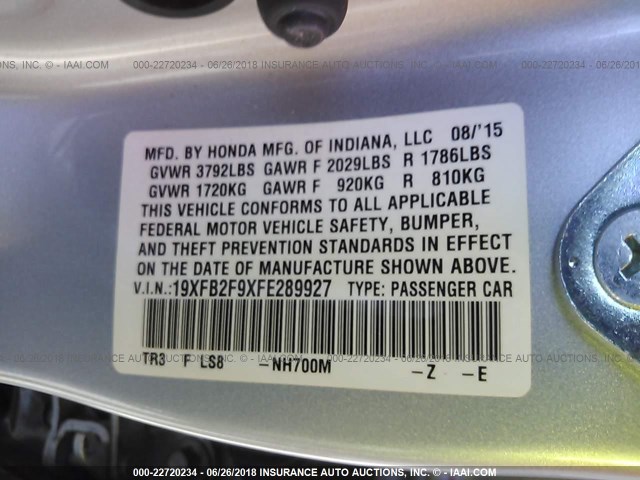 19XFB2F9XFE289927 - 2015 HONDA CIVIC EXL 银色 照片 9