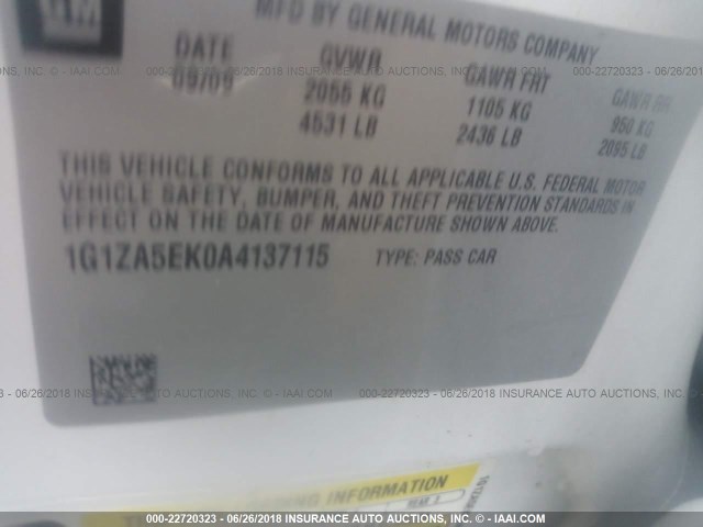 1G1ZA5EK0A4137115 - 2010 CHEVROLET MALIBU LS თეთრი ფოტო 9