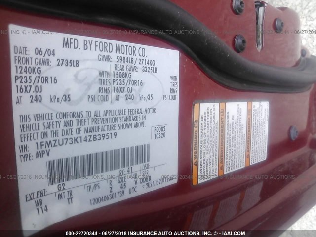 1FMZU73K14ZB39519 - 2004 FORD EXPLORER XLT/XLT SPORT/NBX 红色 照片 9