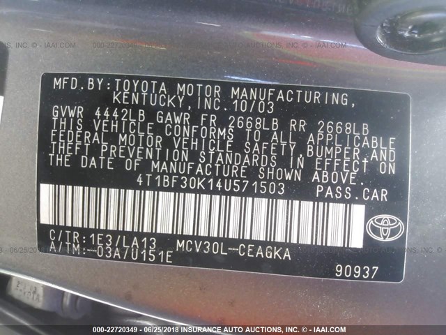 4T1BF30K14U571503 - 2004 TOYOTA CAMRY LE/XLE/SE Boz foto 9