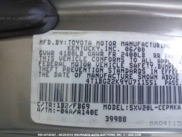 4T1BG22K9YU711551 - 2000 TOYOTA CAMRY CE/LE/XLE TAN photo 9
