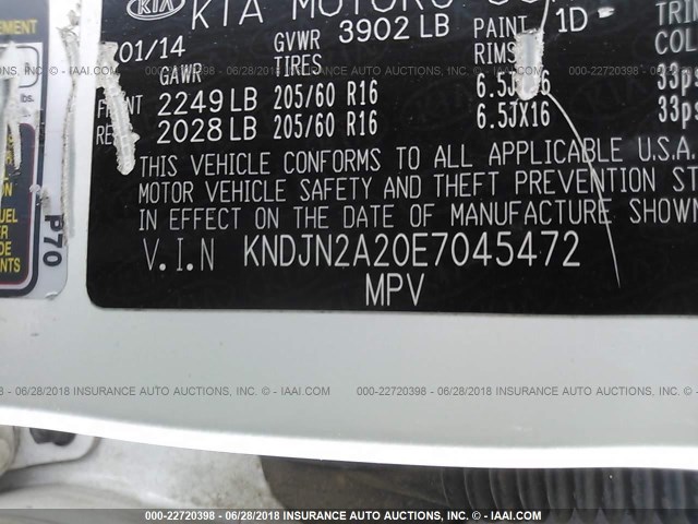 KNDJN2A20E7045472 - 2014 KIA SOUL WHITE photo 9