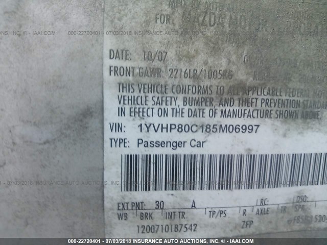 1YVHP80C185M06997 - 2008 MAZDA 6 I Күміс фото 9