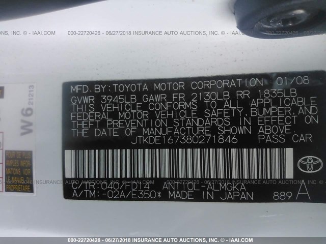 JTKDE167380271846 - 2008 TOYOTA SCION TC 白色 照片 9