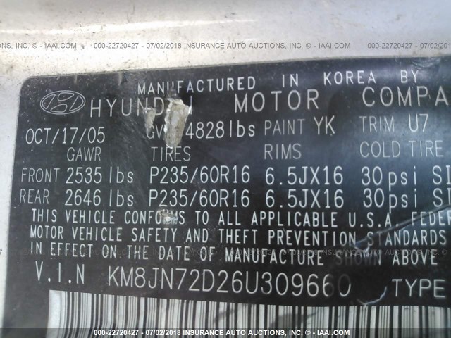 KM8JN72D26U309660 - 2006 HYUNDAI TUCSON GLS/LIMITED GRAY photo 9