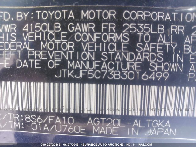 JTKJF5C73B3016499 - 2011 TOYOTA SCION TC 蓝色 照片 9