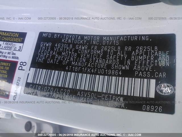 4T1BF1FK4FU019864 - 2015 TOYOTA CAMRY LE/XLE/SE/XSE WHITE photo 9