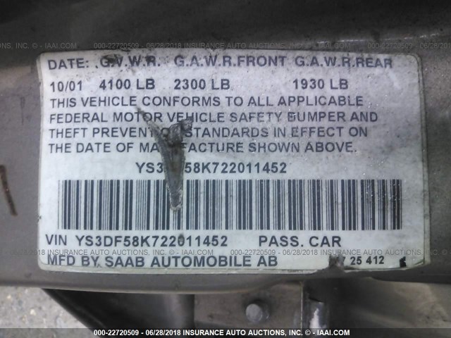 YS3DF58K722011452 - 2002 SAAB 9-3 SE TAN photo 9